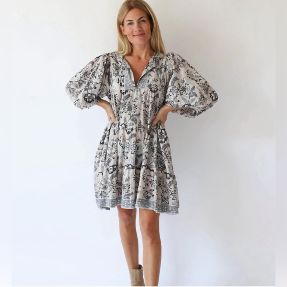 Marea Casita Dress 3/4 Sleeve Blue Beige Block Print, Small